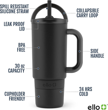 Ello Port 40oz Tumbler with Carry Loop & Integrated Handle, Vacuum Insulated Stainless Steel Reusable Water Bottle, Travel Mug with Leak Proof Lid & Straw, Perfect for Iced Coffee & Tea, White