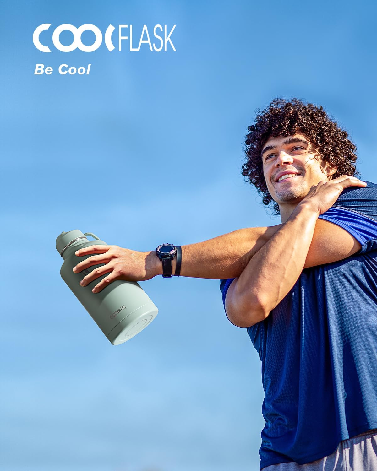 Half Gallon Water Bottle Insulated with Straw & 3 Lids, Coolflask 64 oz Water Jug Large Metal Stainless Steel Wide Mouth for Sports, Gym or Office, Non-BPA Keep Cold 48H Hot 24H, Samurai Cyan