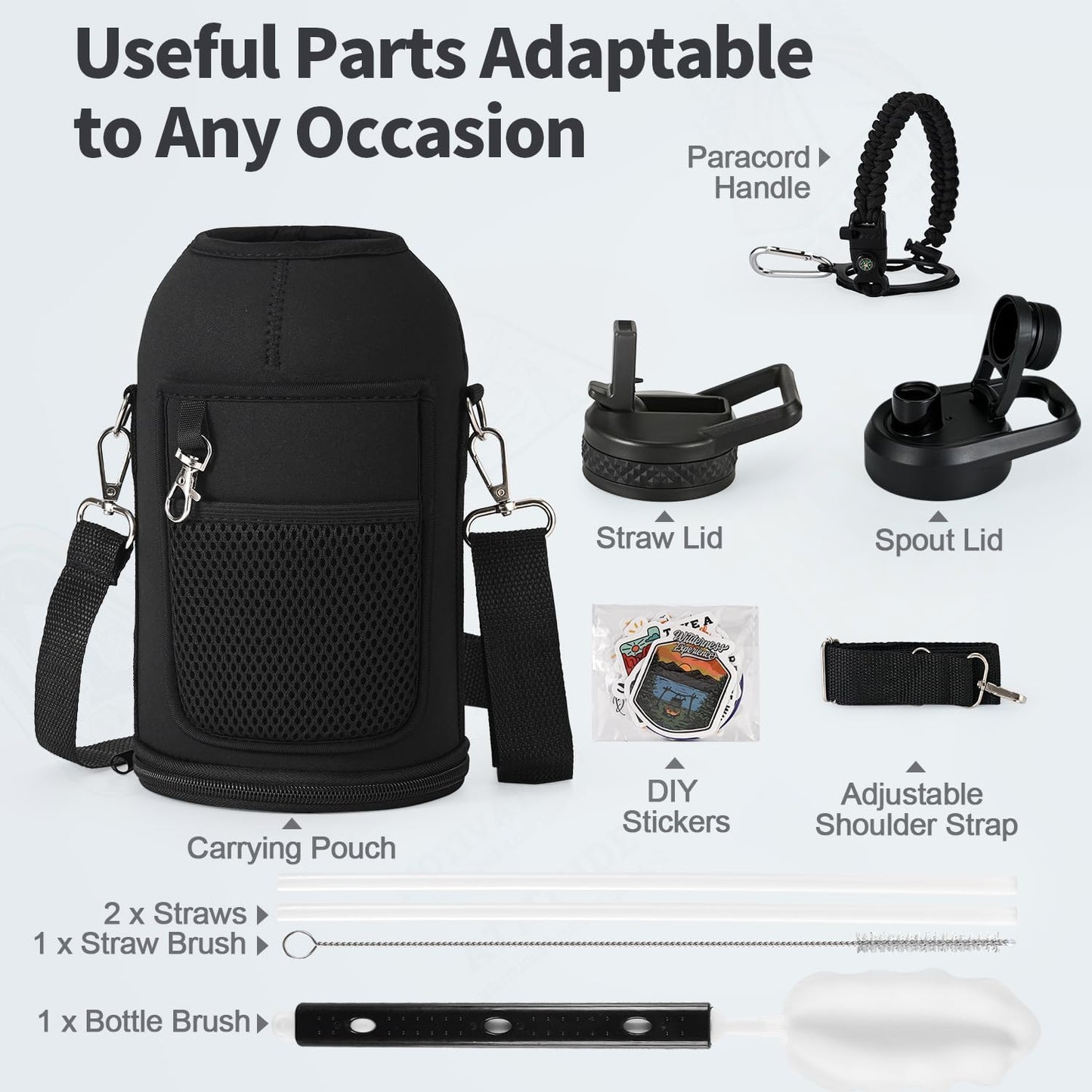 WixByti 40 oz Insulated Water Bottle with Straw (Cold for 36 Hrs), Stainless Steel Triple Wall Vacuum Sports Water Jug, Leakproof Hydro Cup Flask with Paracord Handle & Straw Spout Lids & DIY Stickers