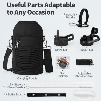 WixByti 40 oz Insulated Water Bottle with Straw (Cold for 36 Hrs), Stainless Steel Triple Wall Vacuum Sports Water Jug, Leakproof Hydro Cup Flask with Paracord Handle & Straw Spout Lids & DIY Stickers