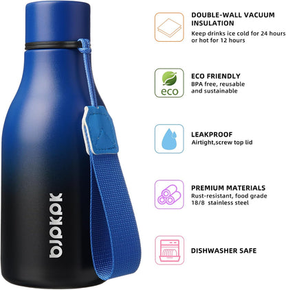 BJPKPK Insulated Water Bottles, 18 oz Stainless Steel Metal Water Bottle with Strap, BPA Free Leak Proof Jugs, Mugs, Flasks, Reusable Thermal Flasks for Sports & Travel, Black - Colors A