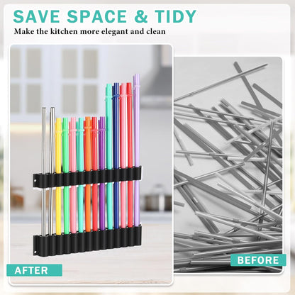 Baderke Straw Holder for Cabinet Reusable Straw Organizer with Double Sided Adhesive Tape Screws Storage Container for Kitchen Counter Cupboard(White,Classic)