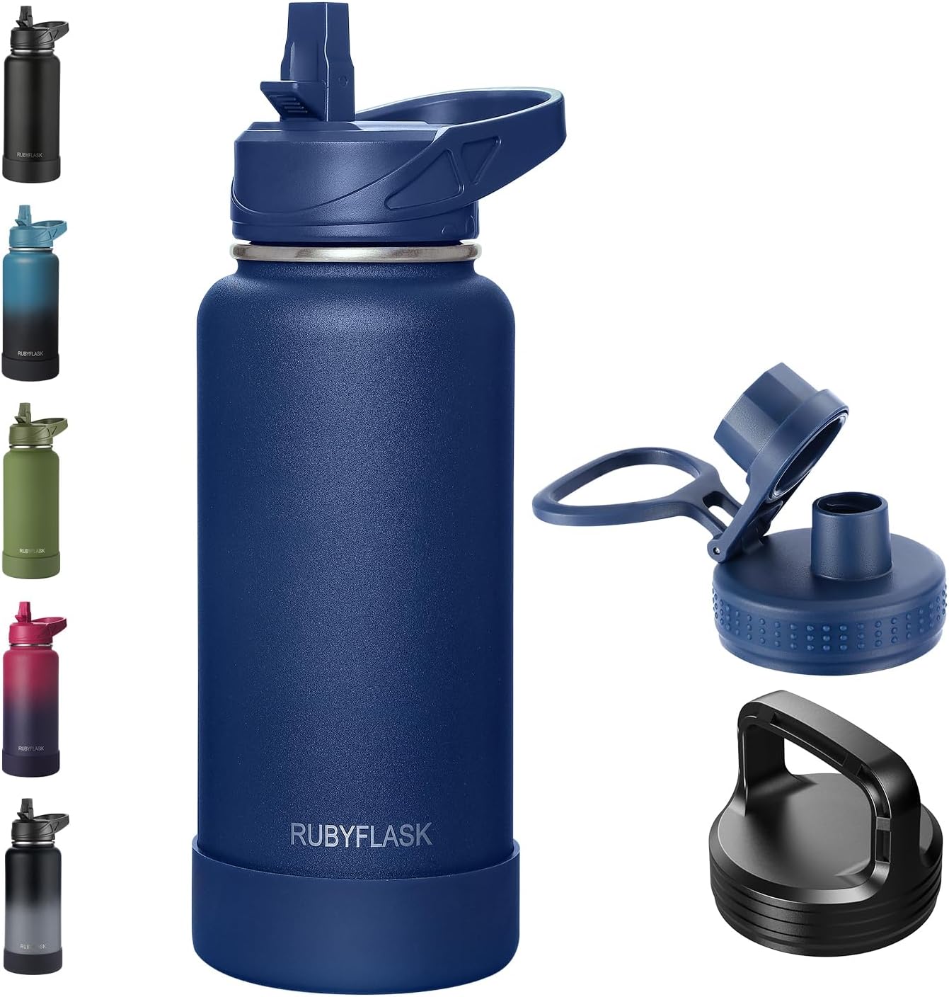 RUBYFLASK 32oz Insulated Water Bottle with Straw, Stainless Steel Metal Vacuum Water Flask, Large Thermal Water bottle with Leakproof 3 Lids for Travel, Camping, Gym Sports Indigo Black
