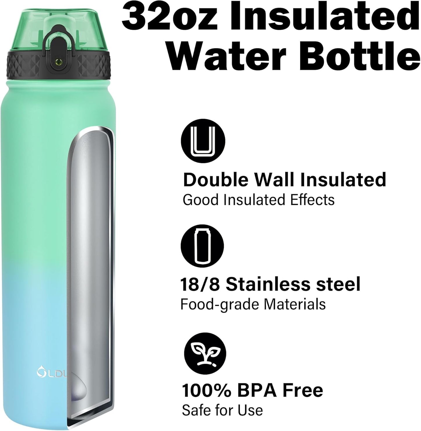 Oldley Insulated Water Bottle 20oz for Adults Kids Stainless Steel Water Bottles with Straw/Chug/Carabiner 3 Lids Fruit Strainer Double Wall Vacuum Wide Mouth BPA Free Leak-Proof for School Travel