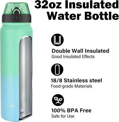 Oldley Insulated Water Bottle 20oz for Adults Kids Stainless Steel Water Bottles with Straw/Chug/Carabiner 3 Lids Fruit Strainer Double Wall Vacuum Wide Mouth BPA Free Leak-Proof for School Travel