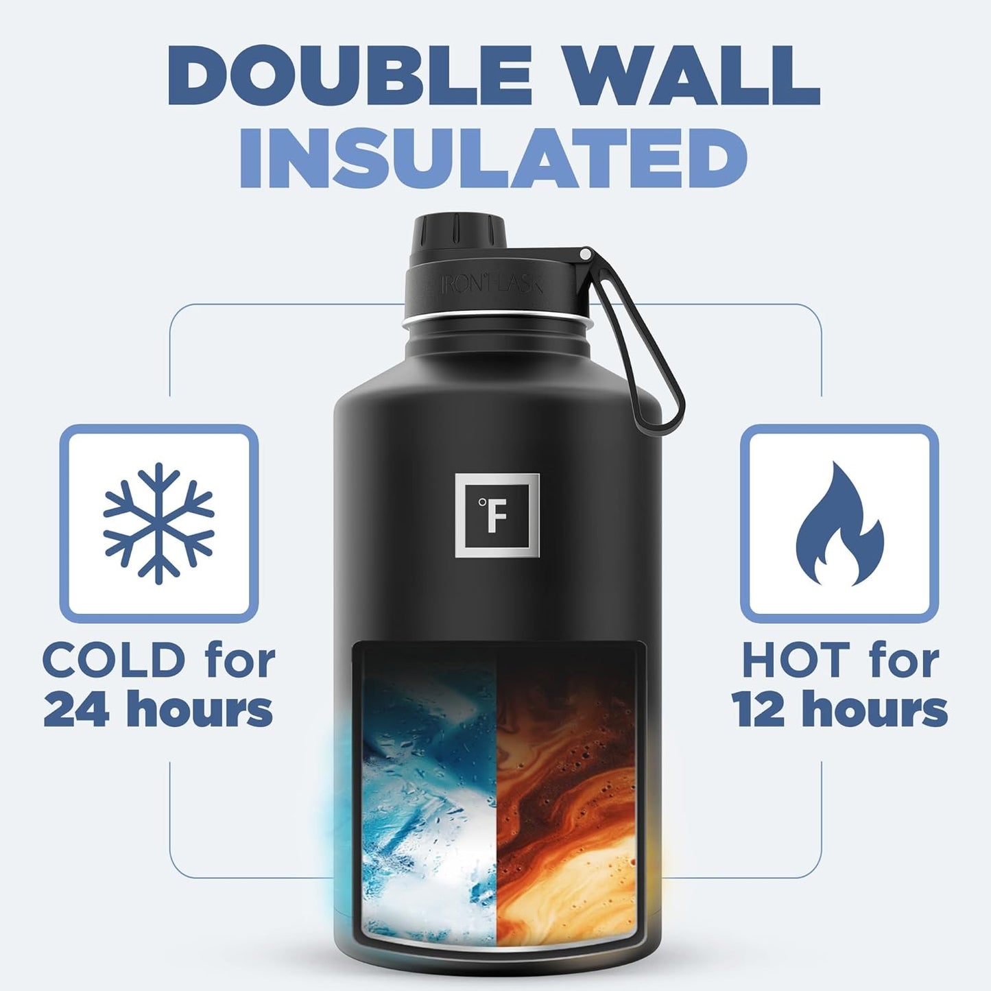 IRON °FLASK Camping & Hiking Hydration Flask with Straw, Wide Mouth Insulated Stainless Steel Sports Water Bottle - 40 oz Midnight Black