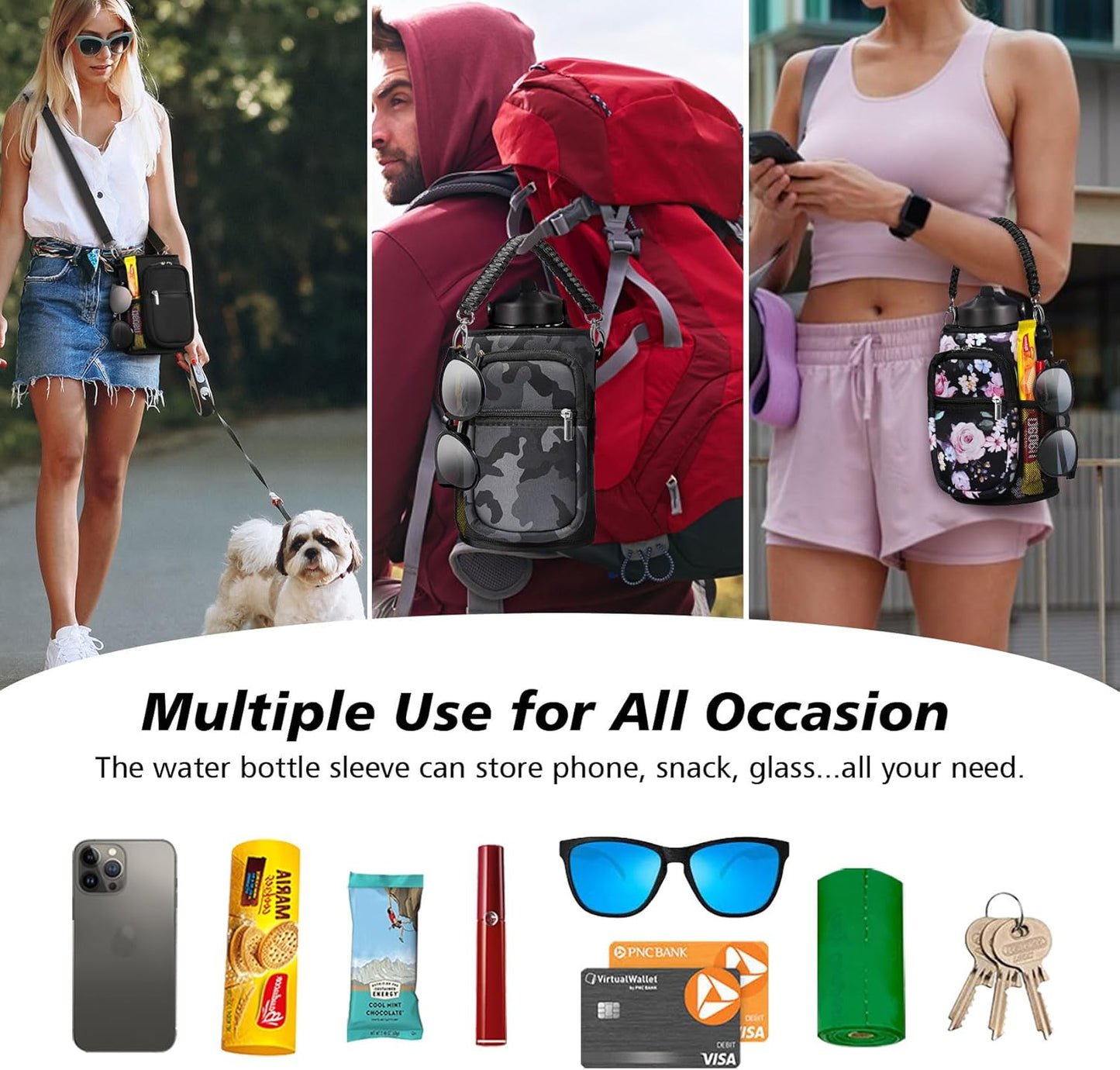 AceTreker 32/40/64/87/128 oz Water Bottle Carrier Bag, Neoprene Water Bottle Sleeve with 4 Pocket, Sport Water Holder with Paracord Handle and Shoulder Strap for Walking Hiking Camping Gym