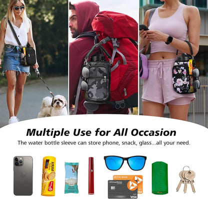 AceTreker 32/40/64/87/128 oz Water Bottle Carrier Bag, Neoprene Water Bottle Sleeve with 4 Pocket, Sport Water Holder with Paracord Handle and Shoulder Strap for Walking Hiking Camping Gym