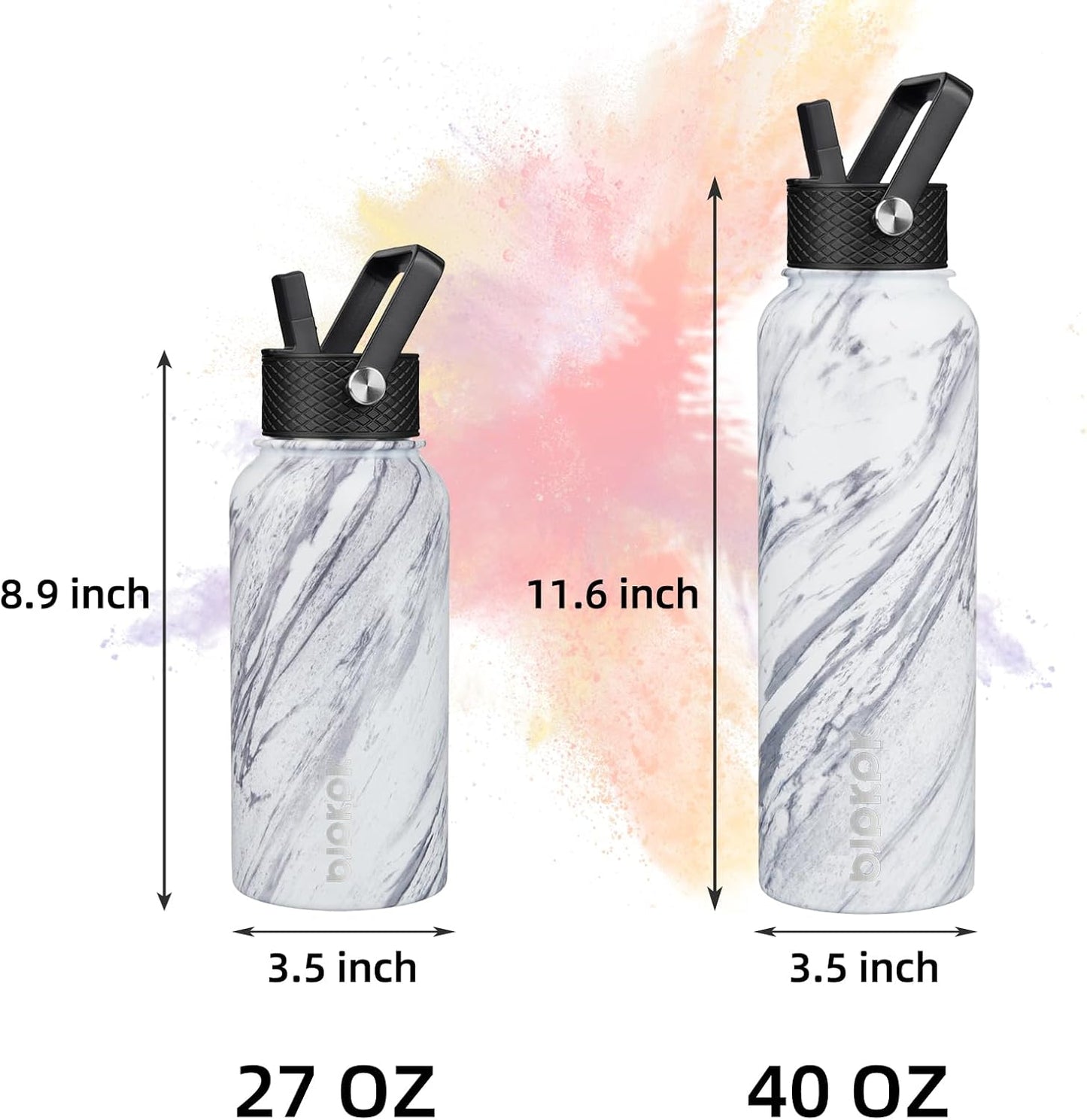 BJPKPK Insulated Water Bottles with Straw Lid, 40oz Stainless Steel Water Bottles with 3 Lids, BPA Free Leakproof Thermo, Tumblers, Cups for Sports, Gym- Midnight - Colors B