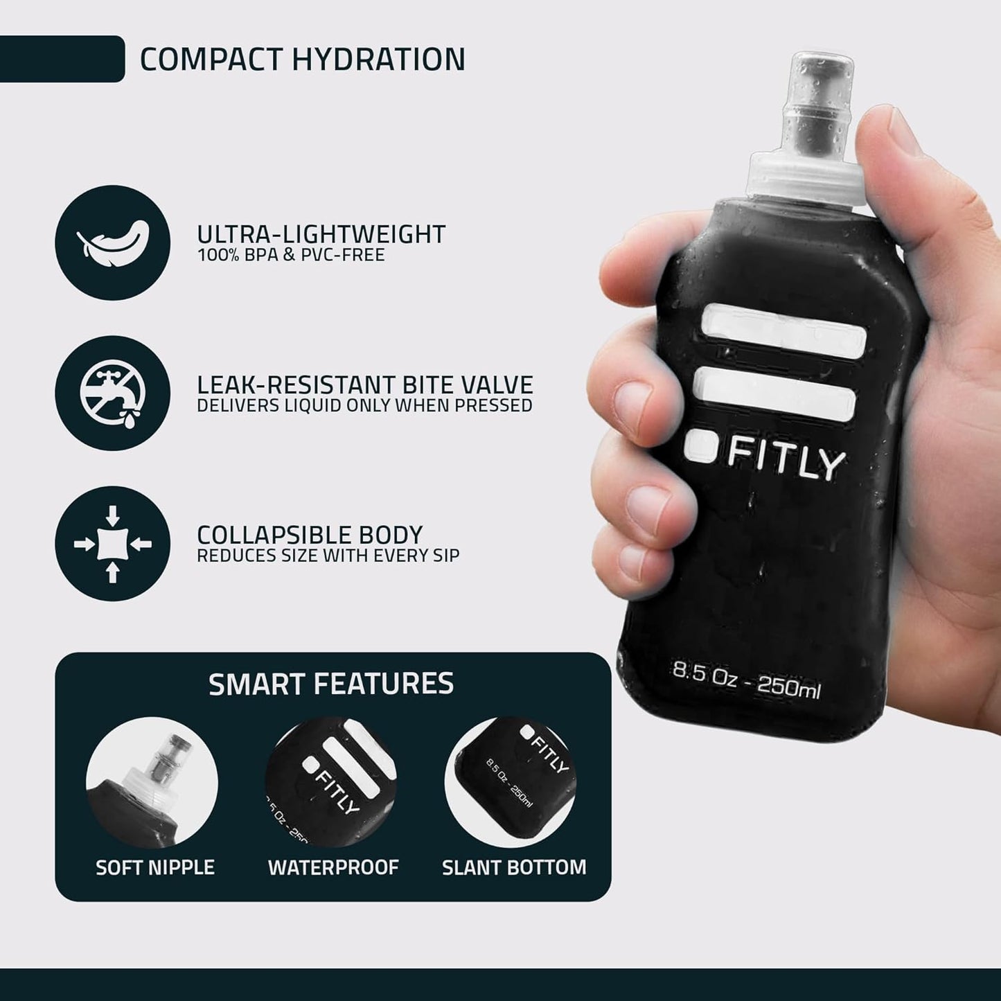 FITLY Soft Flask - Shrink As You Drink Soft Water Bottle for Hydration Pack - Folding Water Bottle Ideal for Running, Hiking, Cycling, Climbing & Rigorous Activity