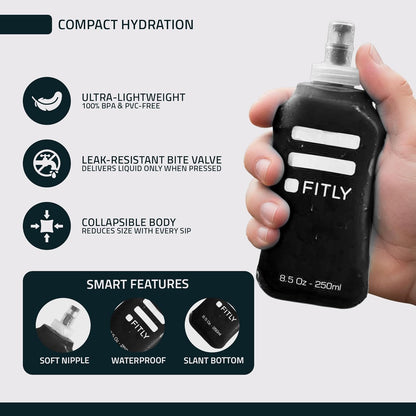 FITLY Soft Flask - Shrink As You Drink Soft Water Bottle for Hydration Pack - Folding Water Bottle Ideal for Running, Hiking, Cycling, Climbing & Rigorous Activity