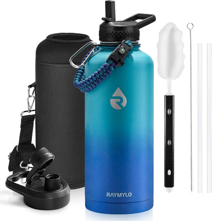 RAYMYLO One Gallon Water Bottle Insulated, Triple Walled Vacuum Stainless Steel (Cold for 48 Hrs), Leak Proof & Non-BPA, Large Water Flask Jug with Paracord Handle & Straw Spout Lids
