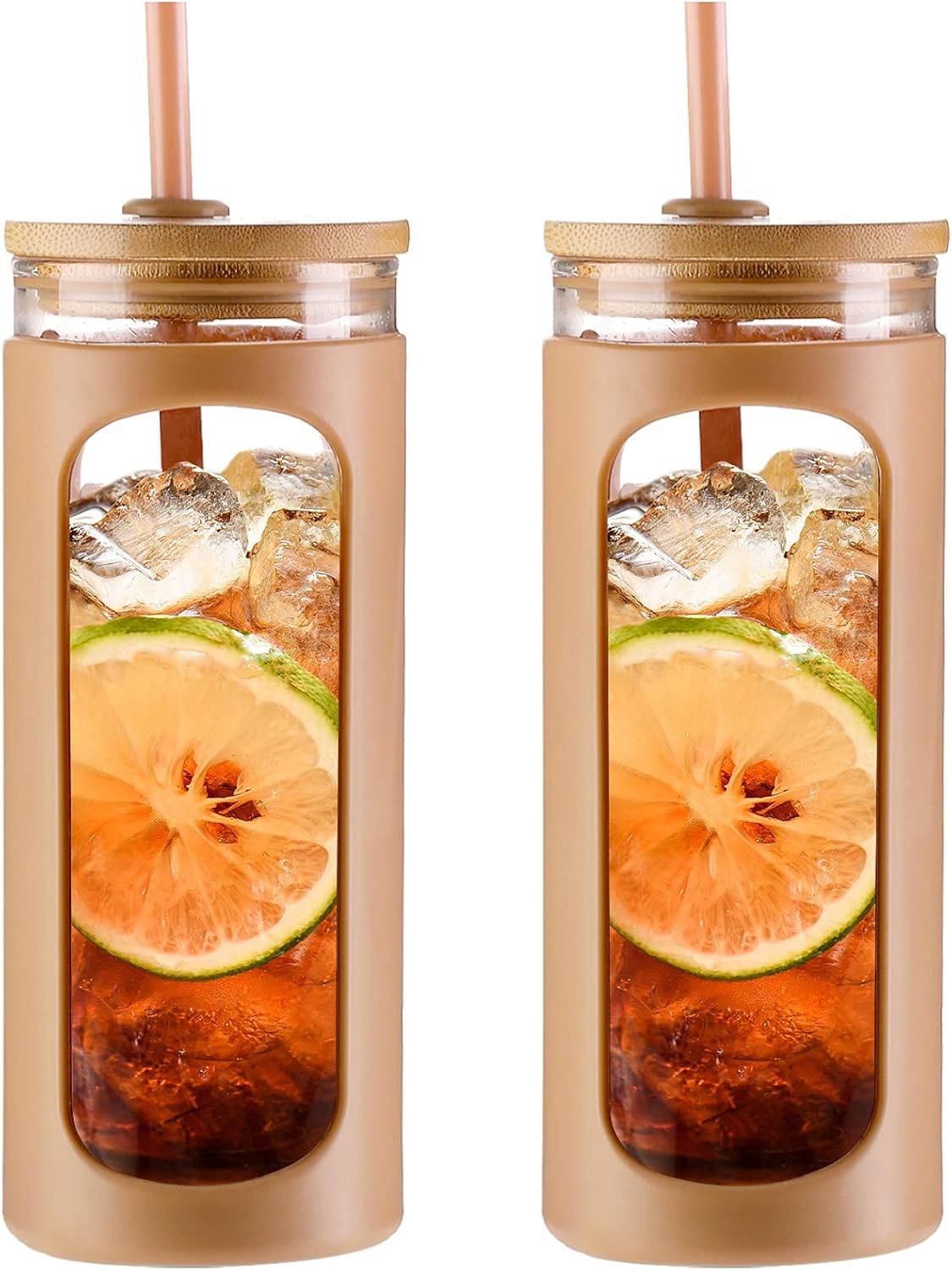 Kodrine 20oz Glass Water Tumbler with Straw and Lid, Bamboo Lids Water Bottle, Iced Coffee Cup Reusable, Wide Mouth Smoothie Cups with Protective Silicone Sleeve BPA FREE-Black - Colors A