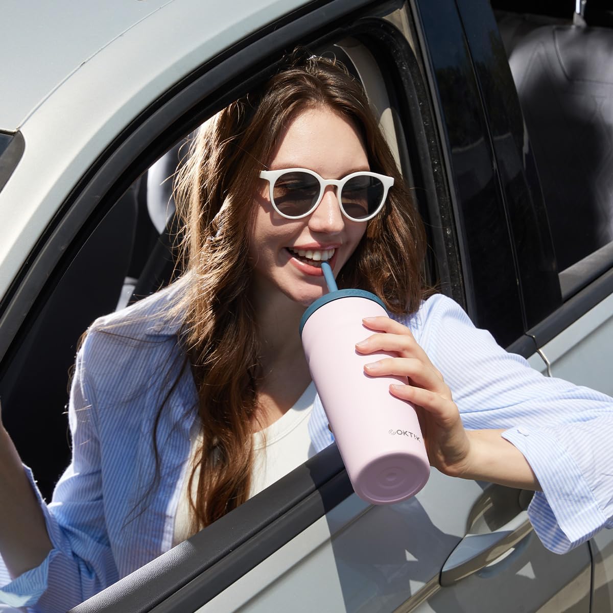 COKTIK 24oz Insulated Tumbler with Lid and Straw Iced Coffee Cup Reusable Stainless Steel Travel Mug Water Bottle Cupholder Friendly for Women Men Her Him (Blush)