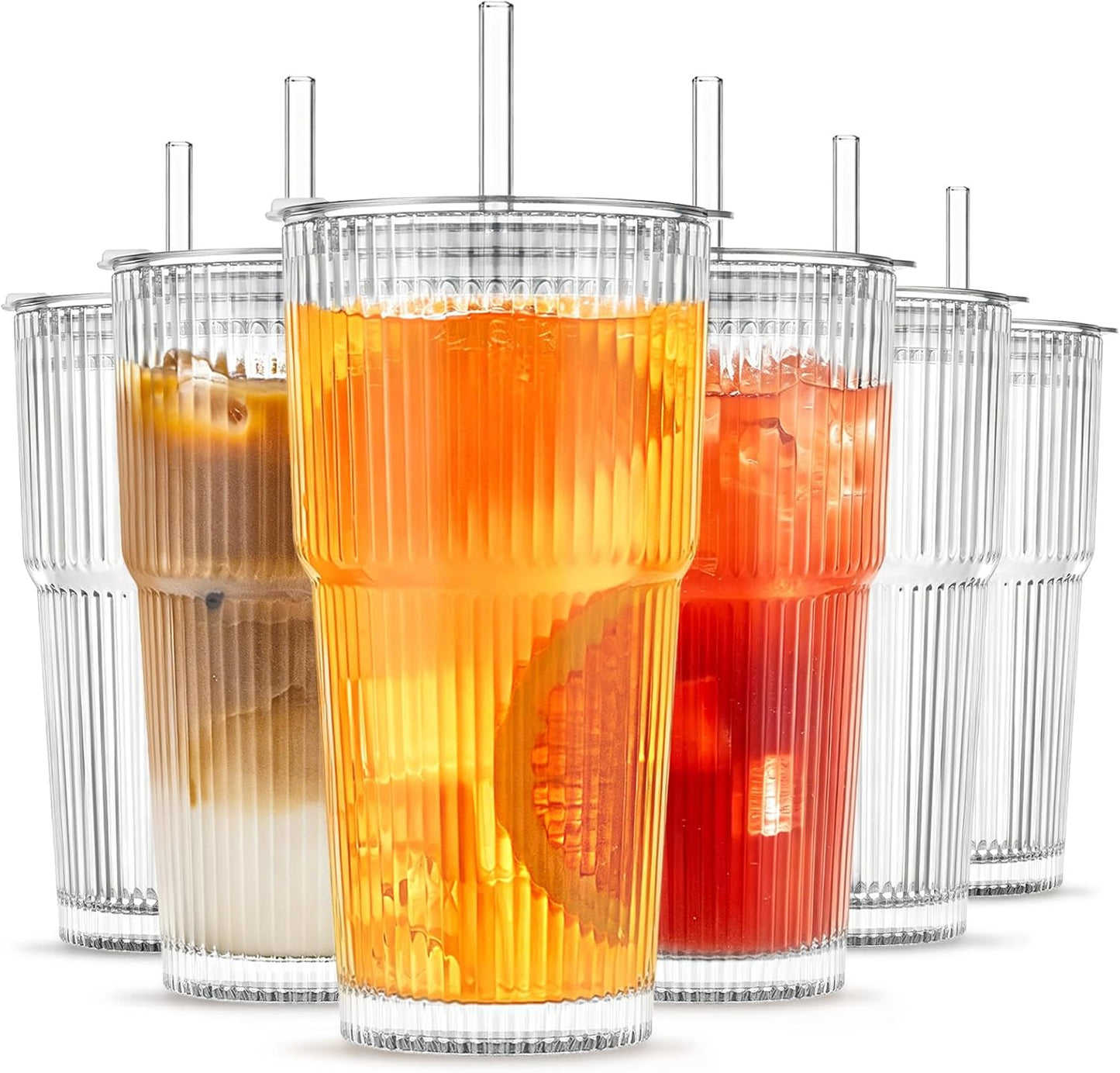 INSETLAN 20 oz Ribbed Glass Tumblers with Lids and Glass Straws – 4-Piece Glassware Set, Thickened Wall, Ideal for Iced Coffee, Smoothies, Cocktails, and Juices – Elegant and Durable Drinkware