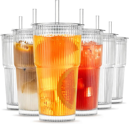 INSETLAN 20 oz Ribbed Glass Tumblers with Lids and Glass Straws – 4-Piece Glassware Set, Thickened Wall, Ideal for Iced Coffee, Smoothies, Cocktails, and Juices – Elegant and Durable Drinkware
