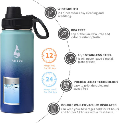 Farsea Insulated Water Bottle With Paracord Handle, Protective Silicone Boot and 2 Lids (Straw Lid & Spout Lid), Stainless Steel Water Bottle Wide Mouth, Double Wall Sweat-Proof BPA-Free, 24 oz