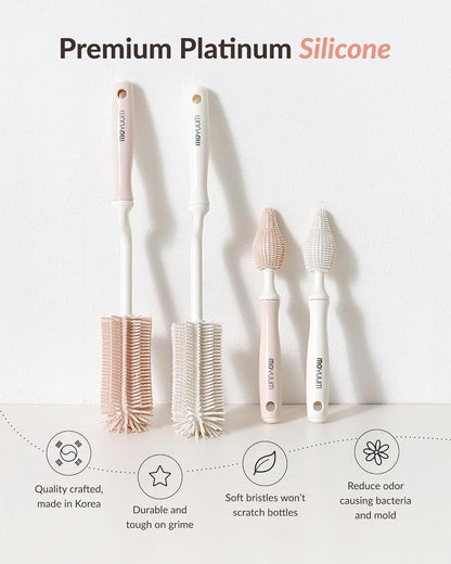 Moyuum Silicone Baby Bottle and Nipple Brush Set | Made in Korea, 360 Degree Rotating Handle, Soft Bristles, Hanging Hole for Quick Drying and Storage, Dishwasher Safe (Cool Grey)