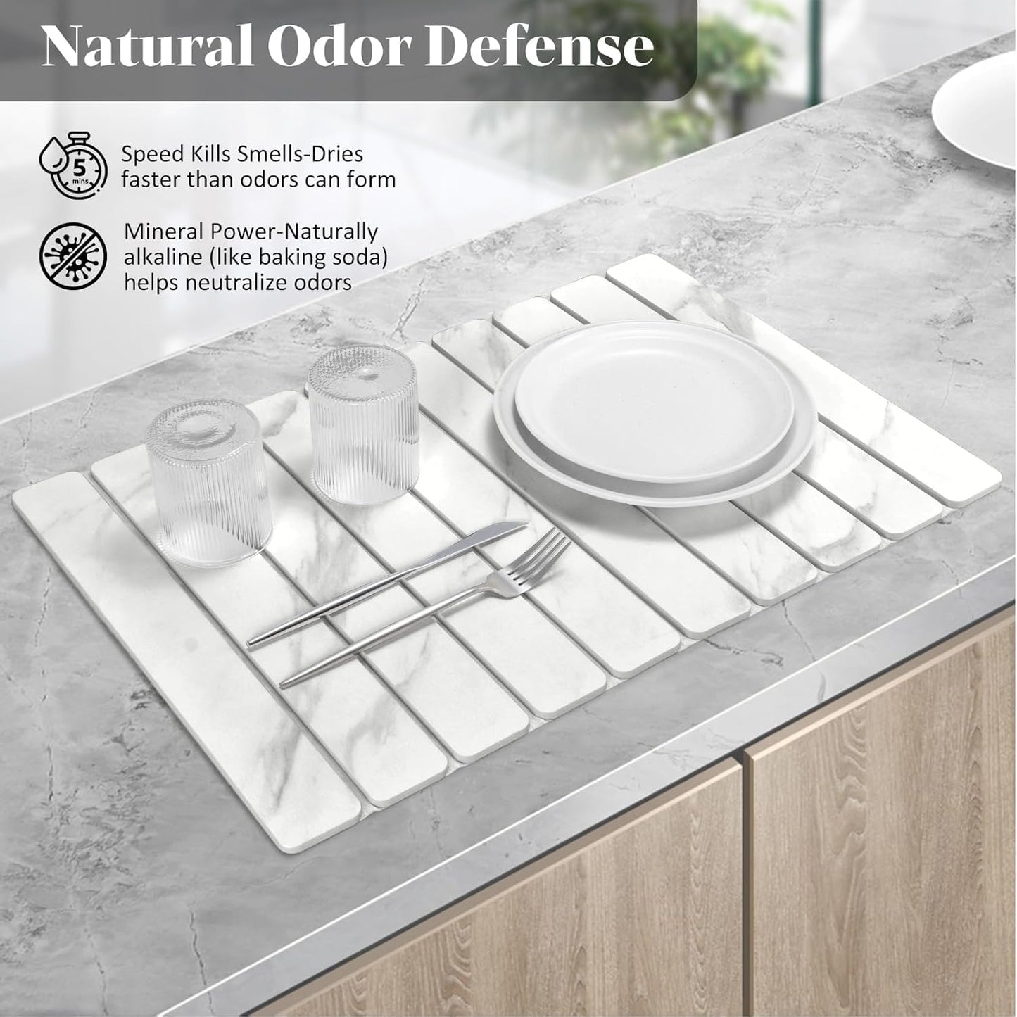 Large Stone Dish Drying Mat for Kitchen Counter – 24"(L)×16 "(W) Foldable Super Absorbent Diatomaceous Earth Dish Drying Mat, Kitchen Counter Mats for Plate Rack, Cups, Match Any Countertop - Gray