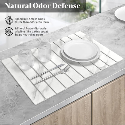 Large Stone Dish Drying Mat for Kitchen Counter – 24"(L)×16 "(W) Foldable Super Absorbent Diatomaceous Earth Dish Drying Mat, Kitchen Counter Mats for Plate Rack, Cups, Match Any Countertop - Gray