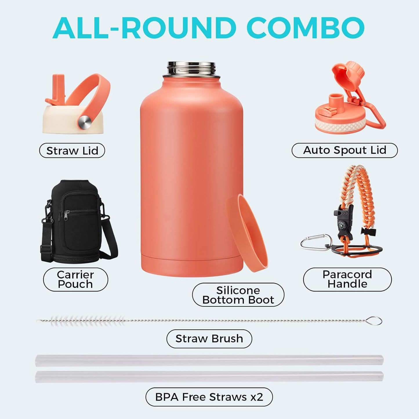 32/40/64OZ Insulated Water Bottle - Keep Cold 48H Hot 24H, Combo Straw/Spout Lids, Paracord Handle for Gym/Hiking, Carrier Bag +Strap, Cup Mat, BPA-Free Stainless Steel Flask Jug