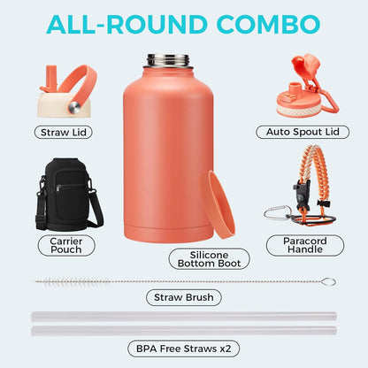 32/40/64OZ Insulated Water Bottle - Keep Cold 48H Hot 24H, Combo Straw/Spout Lids, Paracord Handle for Gym/Hiking, Carrier Bag +Strap, Cup Mat, BPA-Free Stainless Steel Flask Jug