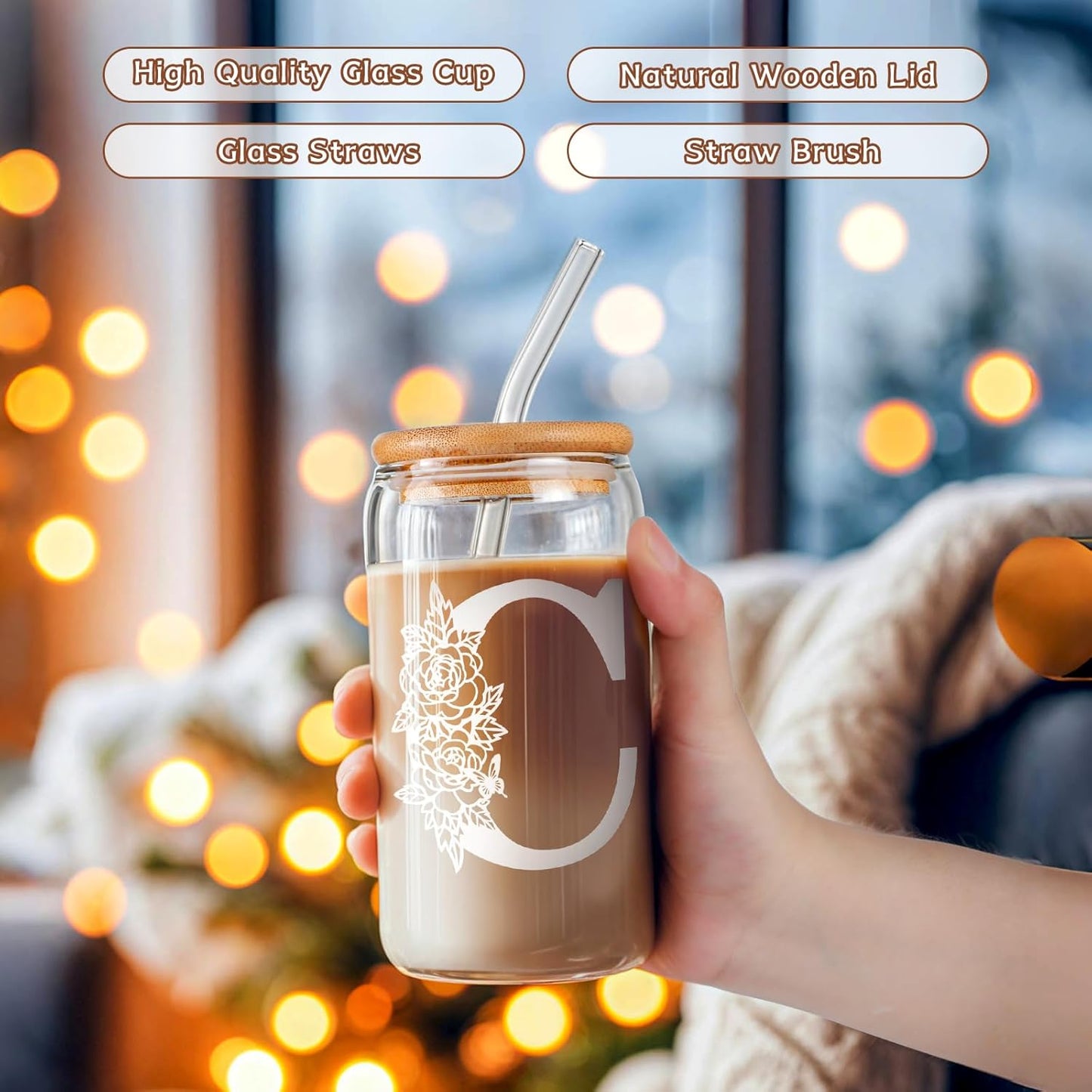 Glass Cups with Lids and Straws: Personalized Initial Glass Cup Be Used As Reusable Iced Coffee Cups with Lids,Cute Matcha Tumbler - The Christmas/Birthday Gifts for Women - M Smoothie Cup