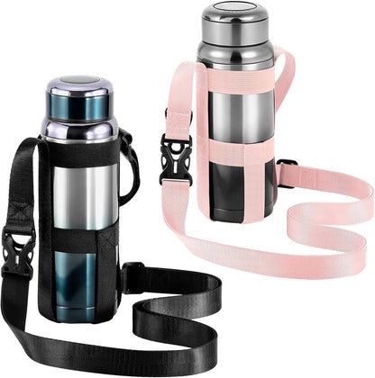 Nuovoware Water Bottle Holder With Strap, 2 Pack Elastic Water Bottle Sling Bag for 20-40 Oz, Lightweight Crossbody Bag With Shoulder Strap for Walking Hiking Camping Traveling, Black+Black