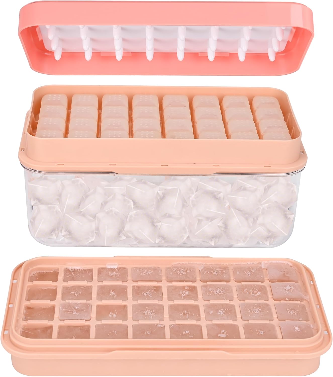 Ice Trays for Freezer with Lid & Bin, Ice Cube Tray Making 64 pcs Ice Cubes, Easy Press to Release Ice, Ice Tray with Storage Bin Chilling Cocktail Whiskey Coffee 2 Trays 1 Ice Bucket & Scoop (Black)