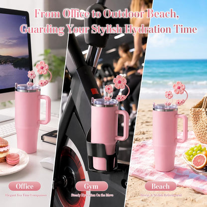 BTYHAOS Silicone Straw Caps for 10mm Tumblers | Reusable Dust-Proof Straw Toppers Compatible with Stanley 30oz & 40oz Tumblers (Purple Flower 3pc)