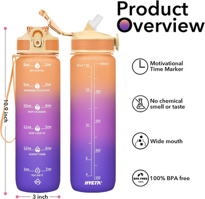 Hyeta 32oz Water Bottles with Straw - Stay Motivated and Hydrated with Convenient Times to Drink Markings, Durable, Leak-proof