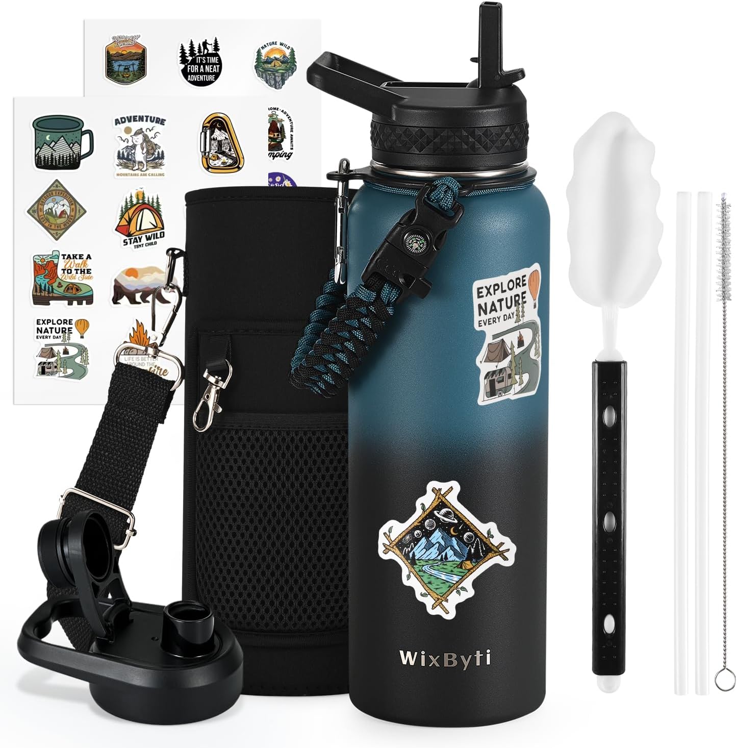 WixByti 40 oz Insulated Water Bottle with Straw (Cold for 36 Hrs), Stainless Steel Triple Wall Vacuum Sports Water Jug, Leakproof Hydro Cup Flask with Paracord Handle & Straw Spout Lids & DIY Stickers