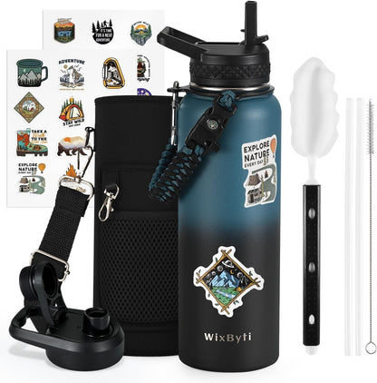 WixByti 40 oz Insulated Water Bottle with Straw (Cold for 36 Hrs), Stainless Steel Triple Wall Vacuum Sports Water Jug, Leakproof Hydro Cup Flask with Paracord Handle & Straw Spout Lids & DIY Stickers