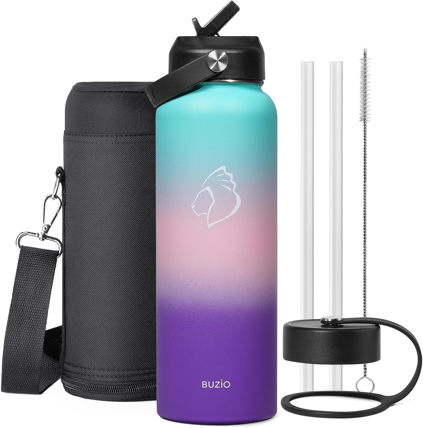 BUZIO 40oz Insulated Water Bottle, Triple Wall Vacuum Stainless Steel Water Flask with 2 lids, Lead-Free BPA-Free Straw Lid Sports Canteen Jug, Cold 48H & Hot 24H- Black - Colors B