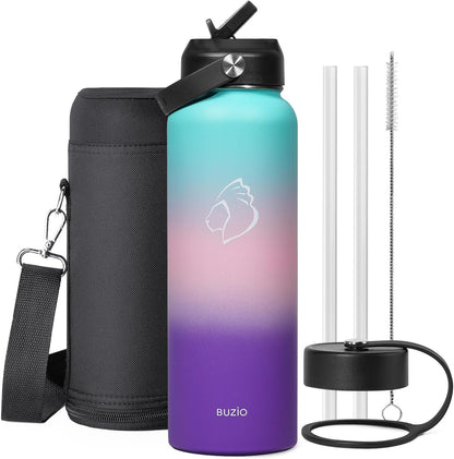 BUZIO 40oz Insulated Water Bottle, Triple Wall Vacuum Stainless Steel Water Flask with 2 lids, Lead-Free BPA-Free Straw Lid Sports Canteen Jug, Cold 48H & Hot 24H- Black - Colors B
