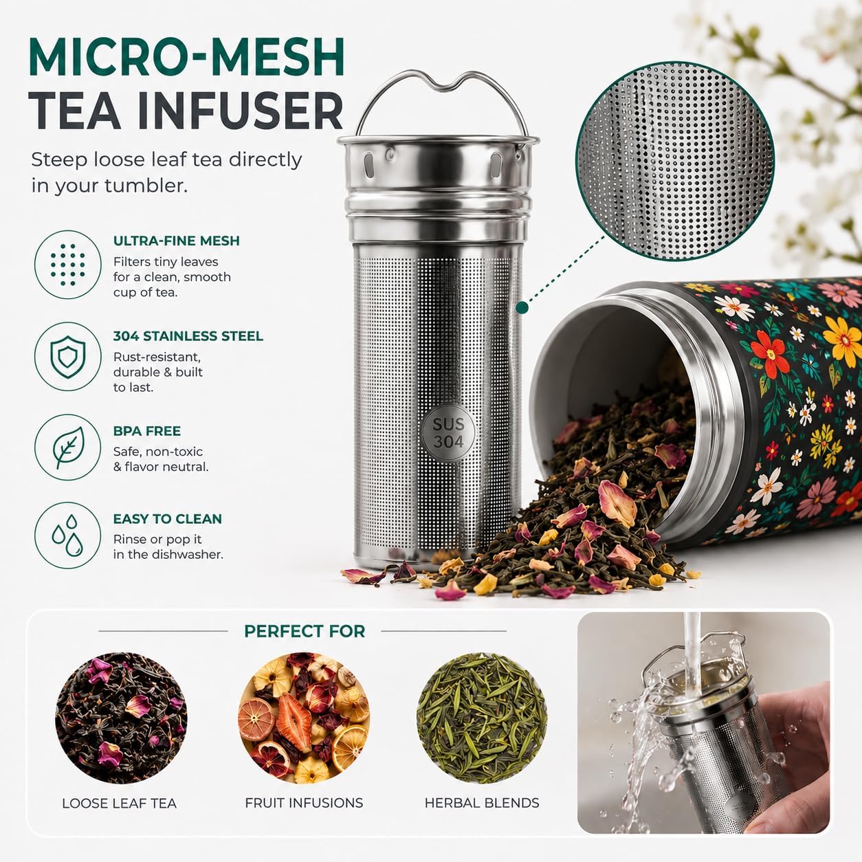 22 oz Ceramic Lined Tea Infuser Travel Tumbler, Micro-Mesh Stainless Steel Infuser, Pure Taste Ceramic Interior, Triple Insulated 12hr Hot Cold, Dual Sip & Straw Lid, Scratch-Resistant