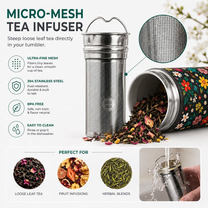 22 oz Ceramic Lined Tea Infuser Travel Tumbler, Micro-Mesh Stainless Steel Infuser, Pure Taste Ceramic Interior, Triple Insulated 12hr Hot Cold, Dual Sip & Straw Lid, Scratch-Resistant