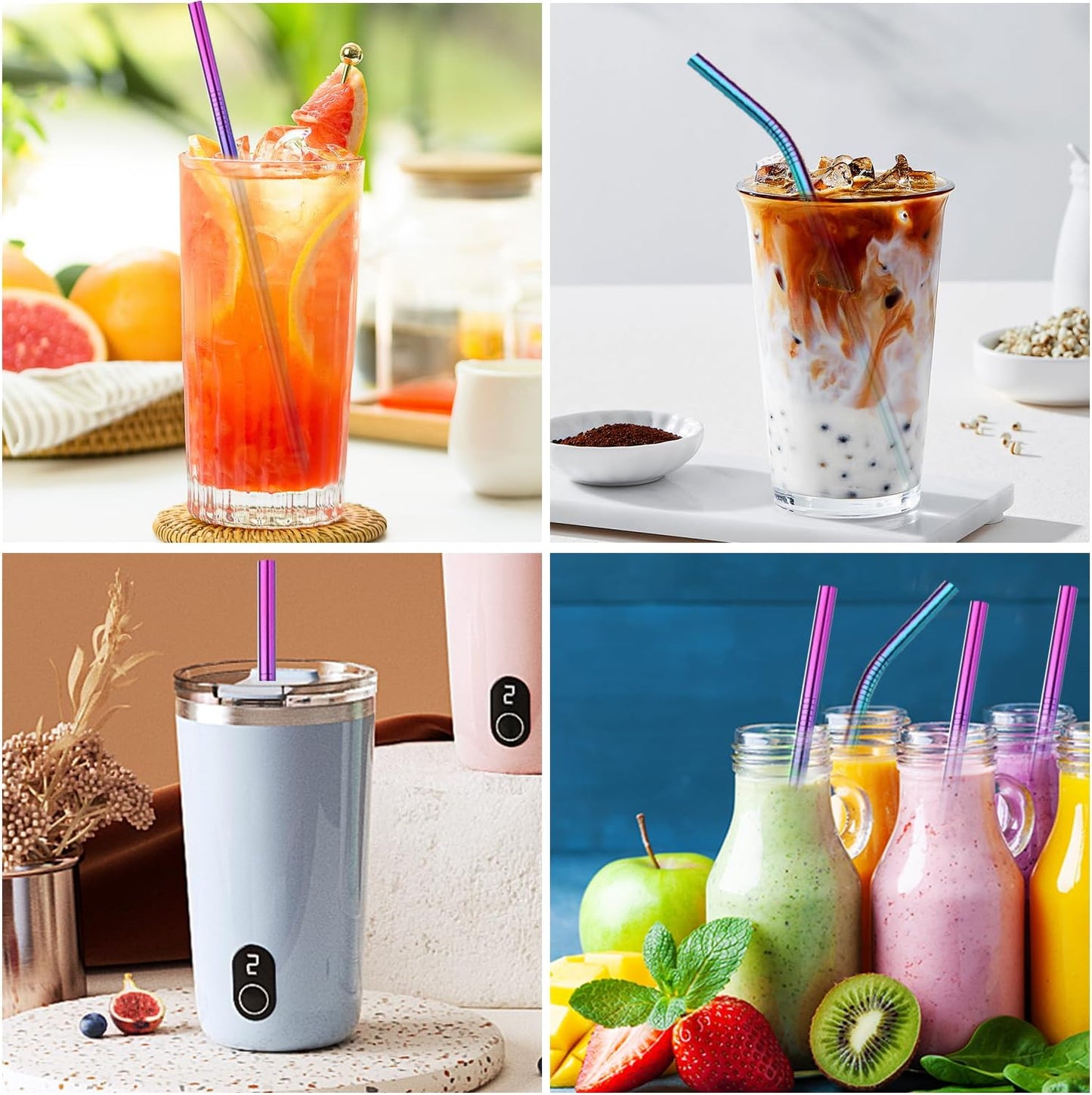 VEHHE Metal Straws Stainless Steel Straws Drinking Straws Reusable - 10.5" Ultra Long 4 + 1 - W/Cleaning Brush for 20/30 Oz for Yeti RTIC SIC Ozark Trail Tumblers (2 Straight|2 Bent|1 Brush)