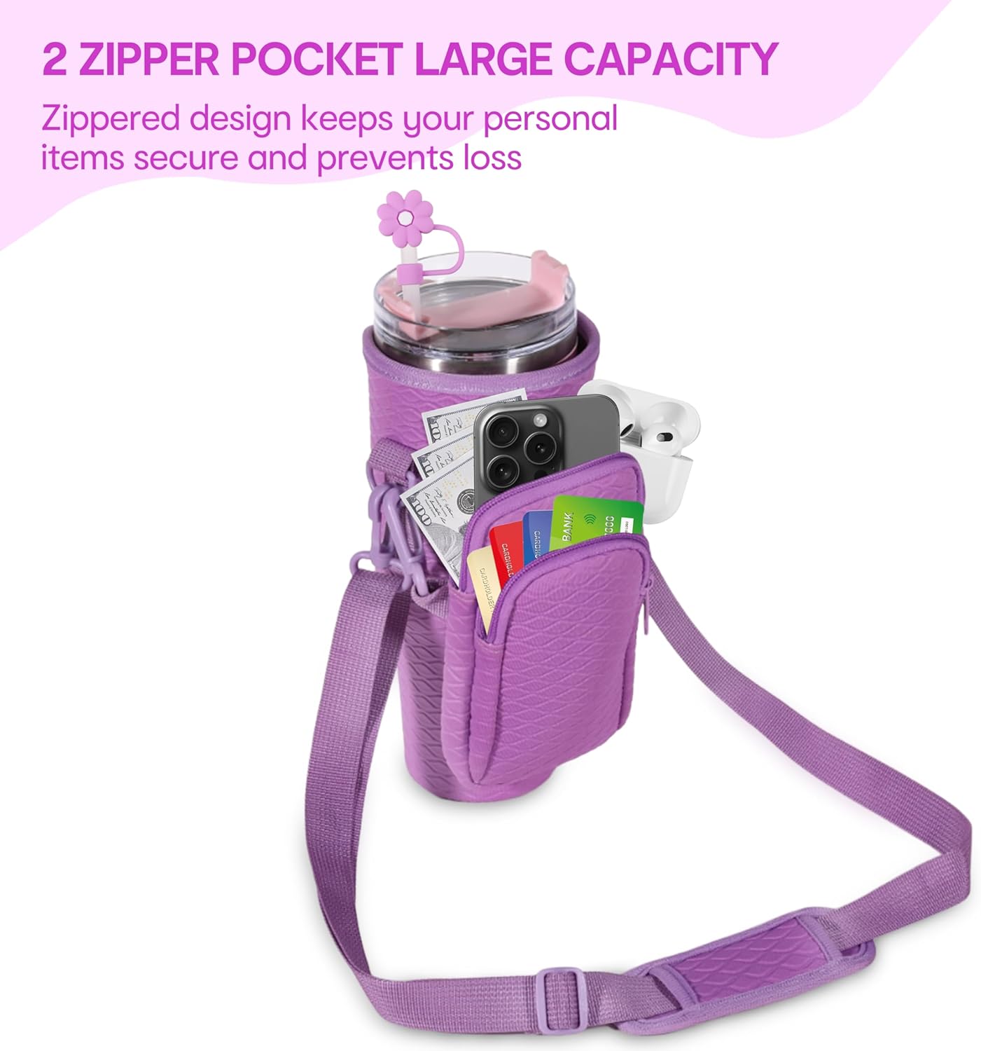 &And Per Se Water Bottle Shoulder Bag with Phone Pocket, Compatible with Stanley 30oz Tumblers - Neoprene Carrier with Adjustable Strap & Charm Accessory (Black)