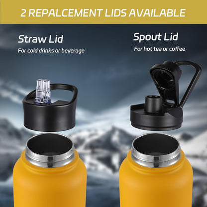HASLE OUTFITTERS 32 oz Insulated Water Bottle Stainless Steel Double Walled Vacuum Sports Water Bottle with 2 Lids (Straw and Spout Lid) for Gym Camping Hiking(Black,1)
