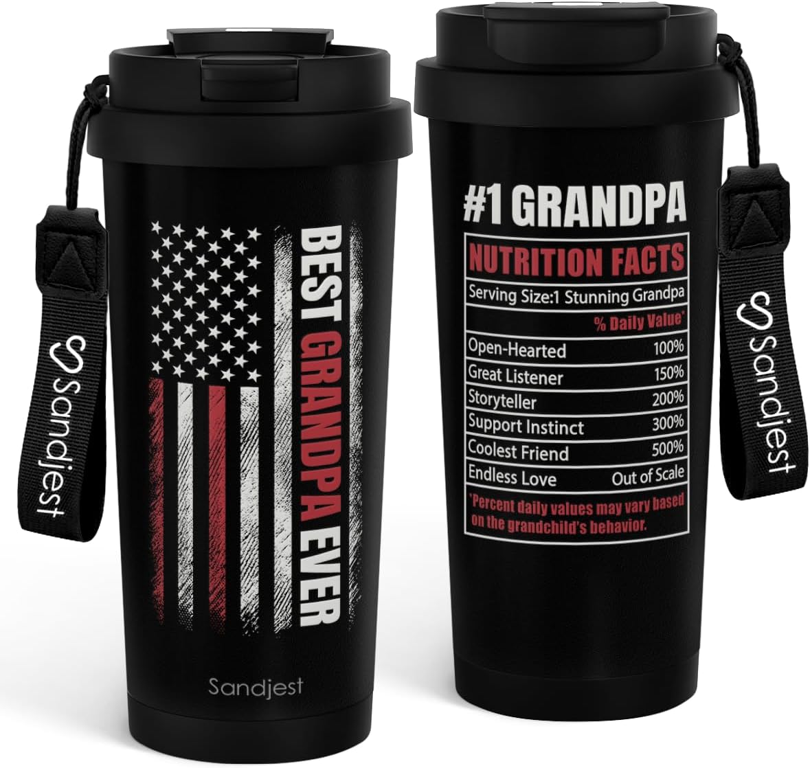 SANDJEST American Flag Tumbler - Stainless Steel 2-in-1 Lid Coffee Tumbler 18 oz, Patriotic Insulated Travel Mug Gift for Men Husband Dad, Birthday Christmas