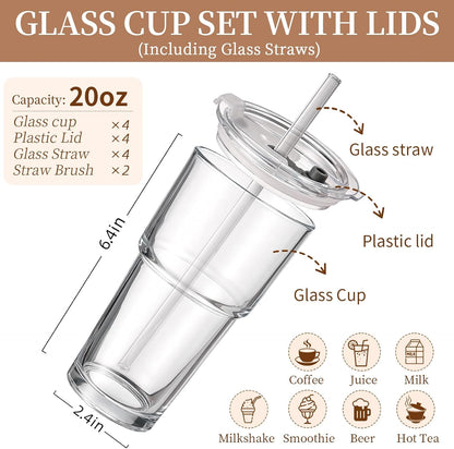 Iced Coffee Cups with Lids: Coffee Bar Accessories - Ribbed Glass Tumbler with Straw and Lid 4Pcs - 20oz Leak Proof Tumbler - Reusable Glass Cups and Tumblers with Lid and Straws for To Go Iced Coffee