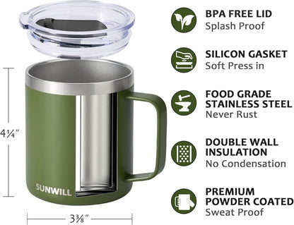 SUNWILL Travel Coffee Mug with Lid, Insulated Tumbler with Handle, 14 oz Stainless Steel Cup for Ice, Water, Tea, Rose Gold