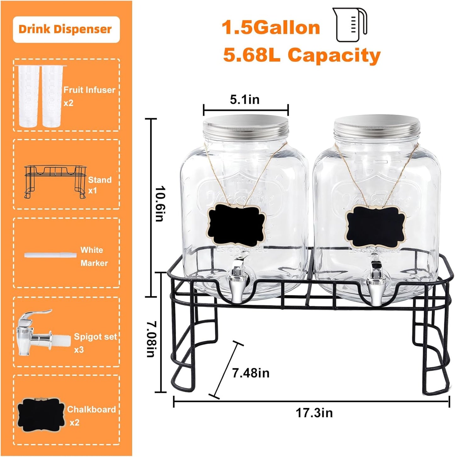 1 Gallon Glass Drink Dispensers For Parties-Set of 2,Drink Dispenser with Fruit Infuser & Stand,Juice or Beverage Dispenser for BBQ, Picnic, Party,Laundry Detergent Dispenser