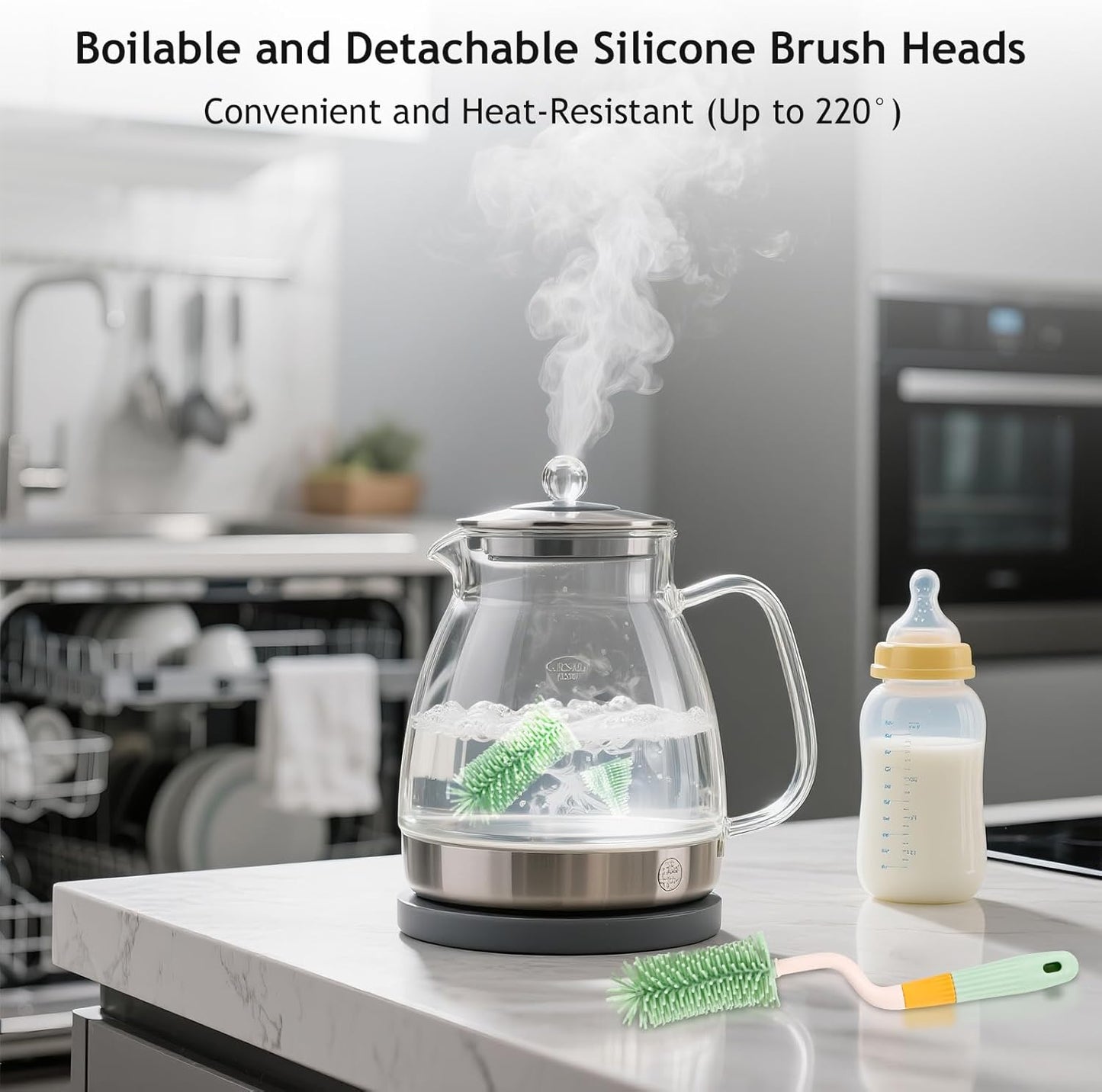 3 in 1 Baby Silicone Bottle Brush Set, Multipurpose Bottle Cleaner, Bottle Brush with Storage Holder, Food Grade Silicone, Effortless Scrubbing, Baby Bottle Cleaning Brush (Green)