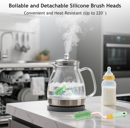 3 in 1 Baby Silicone Bottle Brush Set, Multipurpose Bottle Cleaner, Bottle Brush with Storage Holder, Food Grade Silicone, Effortless Scrubbing, Baby Bottle Cleaning Brush (Green)