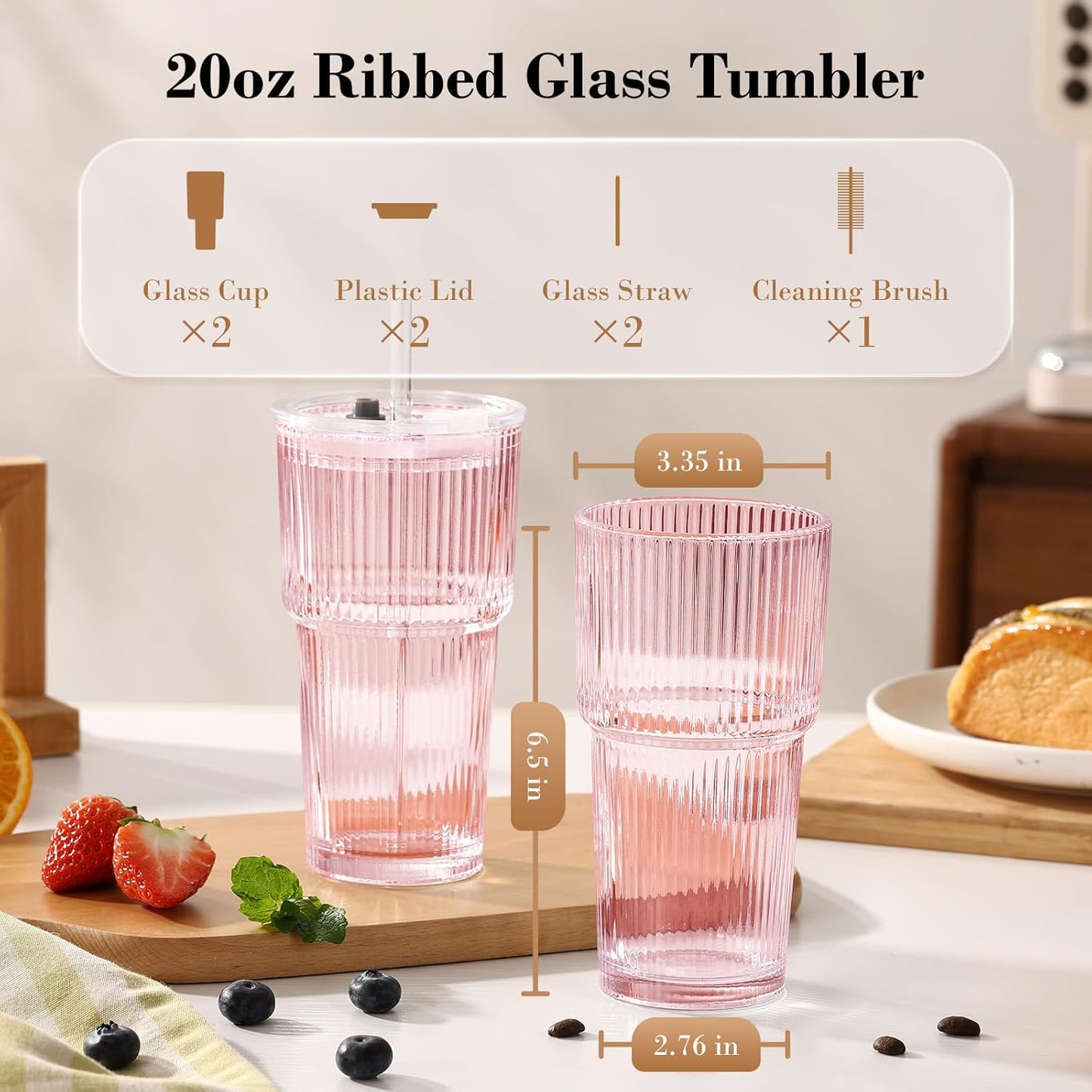 GOSCHE 20oz Ribbed Glass Tumbler with Straw and Lid, Clear Iced Coffee Cups Vintage Glassware, Glass Cups with Lids and Straws for Smoothie Water Tea Juice, Clear, 2 Pack