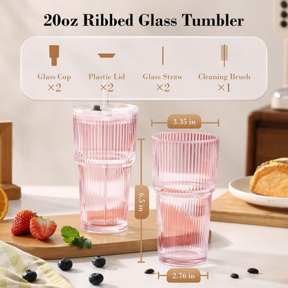 GOSCHE 20oz Ribbed Glass Tumbler with Straw and Lid, Clear Iced Coffee Cups Vintage Glassware, Glass Cups with Lids and Straws for Smoothie Water Tea Juice, Clear, 2 Pack