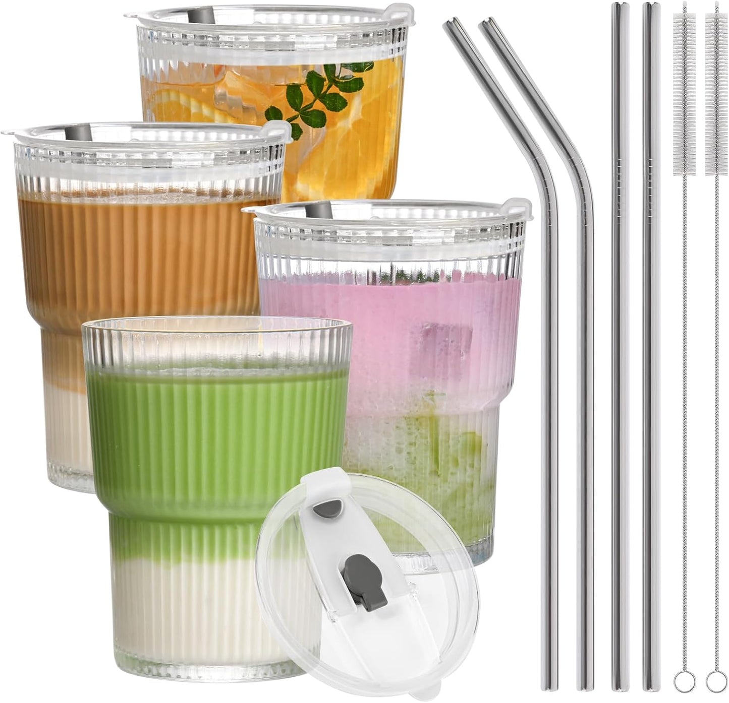 13oz Iced Coffee Cups,2Pcs Glass Cups with Lids and Straws Drinking Glasses,Clear Ribbed Glassware,Reusable Tumbler Glass to Go Cup for Matcha, Iced Tea,Juice