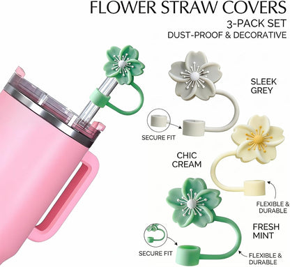 BTYHAOS Silicone Straw Caps for 10mm Tumblers | Reusable Dust-Proof Straw Toppers Compatible with Stanley 30oz & 40oz Tumblers (Purple Flower 3pc)
